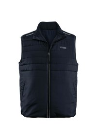 Marineblaue gepolsterte Weste mit hohem Kragen, Reißverschluss vorne und zwei Seitentaschen. Mit reflektierenden Akzenten auf den Schultern. Glatte Textur.