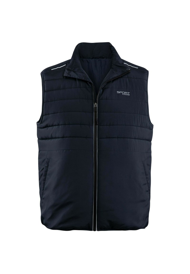 Marineblaue gepolsterte Weste mit hohem Kragen, Reißverschluss vorne und zwei Seitentaschen. Mit reflektierenden Akzenten auf den Schultern. Glatte Textur.