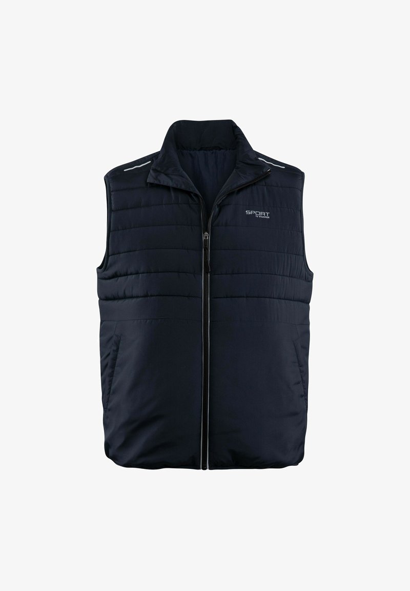 Marineblaue gepolsterte Weste mit hohem Kragen, Reißverschluss vorne und zwei Seitentaschen. Mit reflektierenden Akzenten auf den Schultern. Glatte Textur.