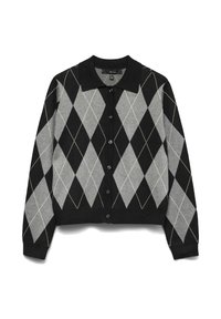 Svart och grå rutig argyle-mönstrad långärmad knappad kardigan med krage samt ribbade muddar och fåll, utlagd på vit bakgrund.