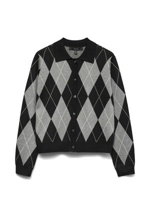 Sort og grå argyle-mønstret cardigan med lange knapærmer, krave samt ribstrikkede manchetter og kant, lagt fladt på hvid baggrund.