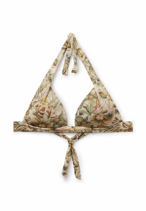 Dreieck-Bikinioberteil mit Neckholder und Bindebändern hinten, mit beige-farbenem Grund und grünem tropischem Blatt- und Blumenmuster.