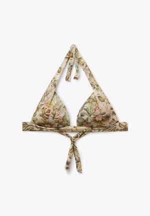 Dreieck-Bikinioberteil mit Neckholder und Bindebändern hinten, mit beige-farbenem Grund und grünem tropischem Blatt- und Blumenmuster.