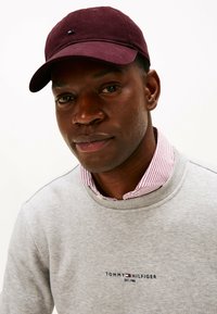 Maroon baseball cap with small logo, paired with a gray sweatshirt featuring a embroidered brand label, and a striped collar visible underneath.
