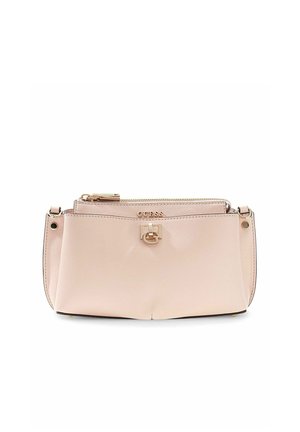 Sac à main en cuir rose clair Guess avec fermeture éclair et fermoir dorés, forme rectangulaire, et logo de marque discret à l'avant.