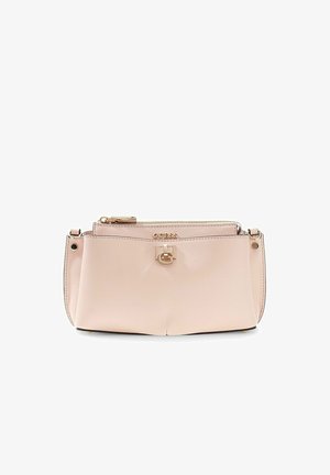 Sac à main en cuir rose clair Guess avec fermeture éclair et fermoir dorés, forme rectangulaire, et logo de marque discret à l'avant.