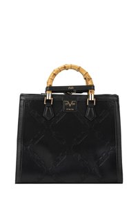 Schwarze Lederhandtasche mit strukturierter Oberfläche, Bambusgriff, goldenen Beschlägen und rechteckiger Form. Sichtbares, markantes Markenlogo.