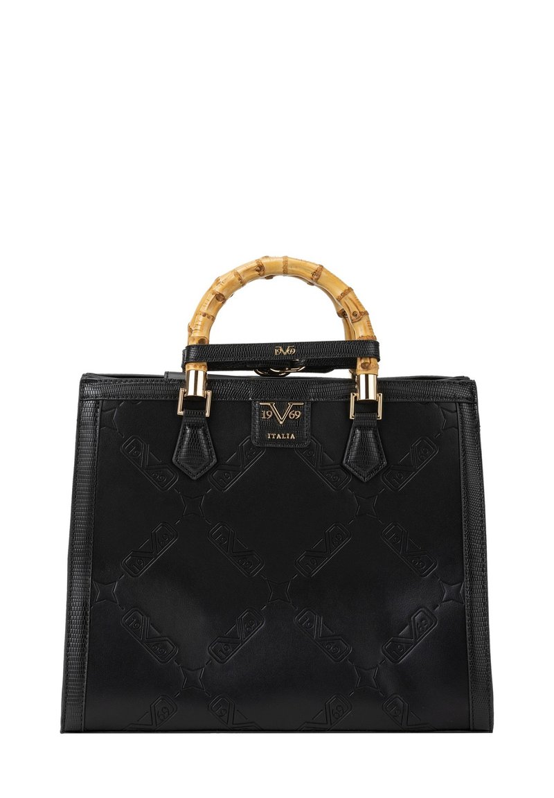 Schwarze Lederhandtasche mit strukturierter Oberfläche, Bambusgriff, goldenen Beschlägen und rechteckiger Form. Sichtbares, markantes Markenlogo.