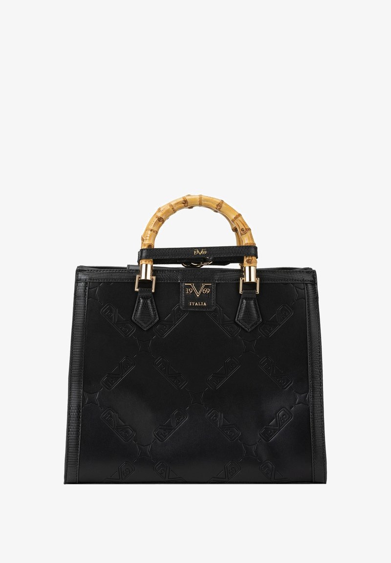 Schwarze Lederhandtasche mit strukturierter Oberfläche, Bambusgriff, goldenen Beschlägen und rechteckiger Form. Sichtbares, markantes Markenlogo.