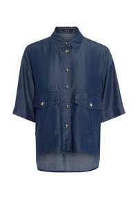 Short-sleeve denim shirt in dark blue with a button-up front, two chest pockets, and a curved hem. Made of lightweight, textured fabric.