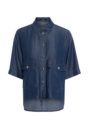Kurzarmpullover aus Denim in Dunkelblau mit Knopfleiste, zwei Brusttaschen und abgerundetem Saum. Hergestellt aus leichtem, strukturiertem Stoff.
