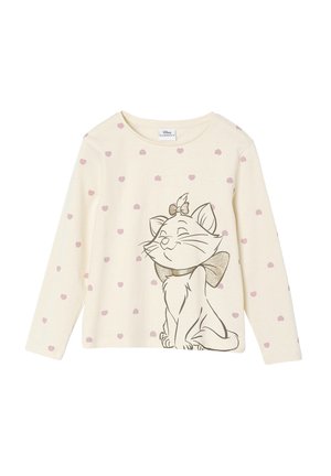 Langärmeliges Baumwoll-T-Shirt mit einem hellen Crem Hintergrund, der mit einem rosa Herzmuster und einer grauen Katzenillustration mit einer glänzenden Schleife versehen ist.