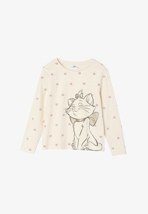 Long-sleeve cotton t-shirt featuring a light cream background with pink heart pattern and a grey cat illustration with a shiny bow.