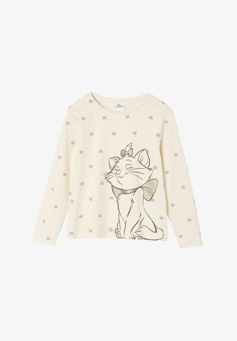 Langärmeliges Baumwoll-T-Shirt mit einem hellen Crem Hintergrund, der mit einem rosa Herzmuster und einer grauen Katzenillustration mit einer glänzenden Schleife versehen ist.