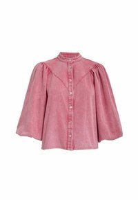 Rosa skjorta med knappar och hög krage, puffärmar och kontrasterande söm detaljer. Tillverkad av strukturerad tyg med en yoke-design.