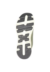 Vista inferior de una zapatilla con una parte superior texturizada verde, entresuela blanca y una suela de goma negra con patrones de agarre variados.