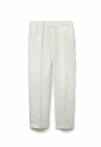 Weiße Leinenhosen mit elastischem Bund, zwei seitlichen Taschen, geradem Schnitt und glatter Oberfläche. Leichter Stoff geeignet für warmes Wetter.