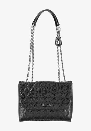 Black leather handbag with a quilted design and embossed logo. Features a chain and leather strap, and a secure flap closure.