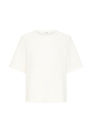 White short-sleeve textured blouse with a round neckline and a straight hem.