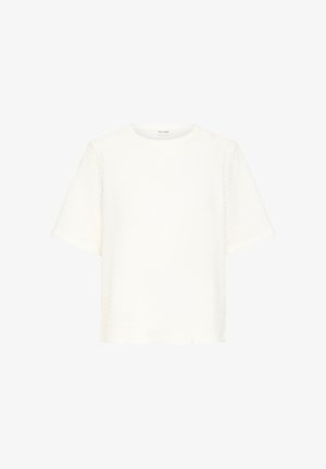 Valge lühikeste varrukatega tekstuuriga pluus ümmarguse kaelusega ja sirge äärega.