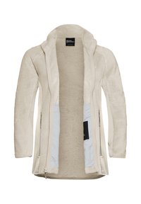 Giacca in pile beige con texture morbida, zip frontale completa e due tasche laterali. Fodera interna in un blu chiaro contrastante.