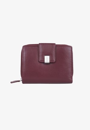 Burgundy leather wallet with a smooth texture, rectangular shape, a snap closure, and a silver logo accent on the front. Zippered compartment at the side.