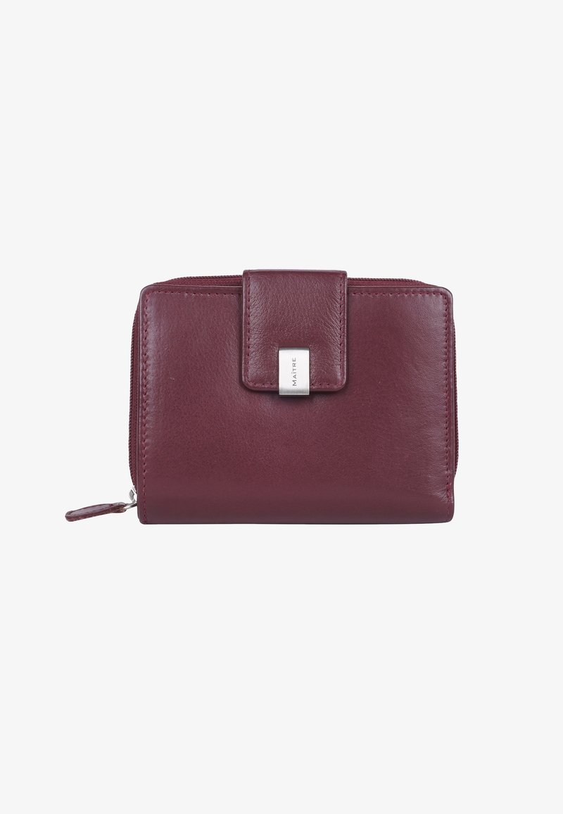 Burgundy leather wallet with a smooth texture, rectangular shape, a snap closure, and a silver logo accent on the front. Zippered compartment at the side.