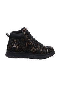 Black and gold patterned high-top sneaker with textured upper, round toe, flat rubber sole, and lace-up front. Features a pull tab on the heel.