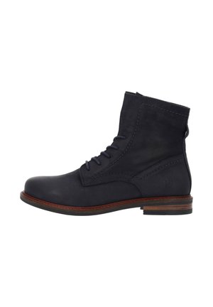 Bottes en cuir à la cheville de couleur bleu marine foncé, avec un bout arrondi, un laçage à l'avant, des accents cousus et une semelle de couleur marron contrastante.