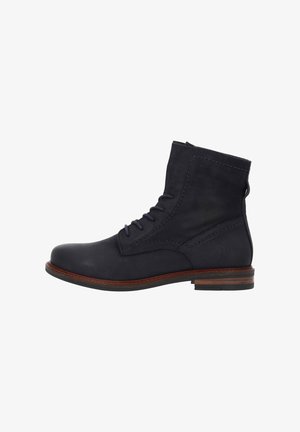 Leder-Ankle-Boots in Dunkelblau, mit runder Zehenpartie, schnürbarem Vorderteil, gestickten Akzenten und einer braunen Kontrastsohle.