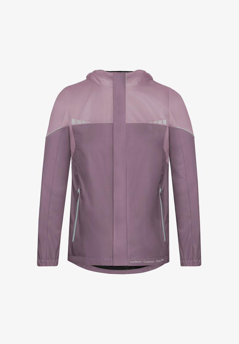 Lila Outdoor-Jacke mit Kapuze, durchsichtiger Oberseite, Reißverschlusstaschen und kontrastierenden hellblauen Akzenten. Glatte Textur.