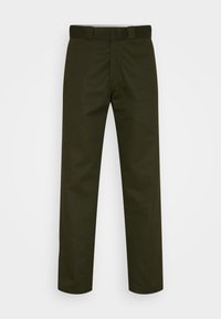Dark green trousers made from smooth fabric. Features a straight-leg design, standard waistband, and no visible pockets.