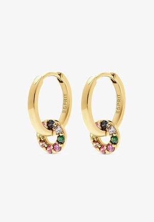 Boucles d'oreilles créoles en or avec un design en maillons, ornées d'un cluster circulaire de pierres précieuses de différentes couleurs—rose, vert, bleu et transparent—autour de la base.