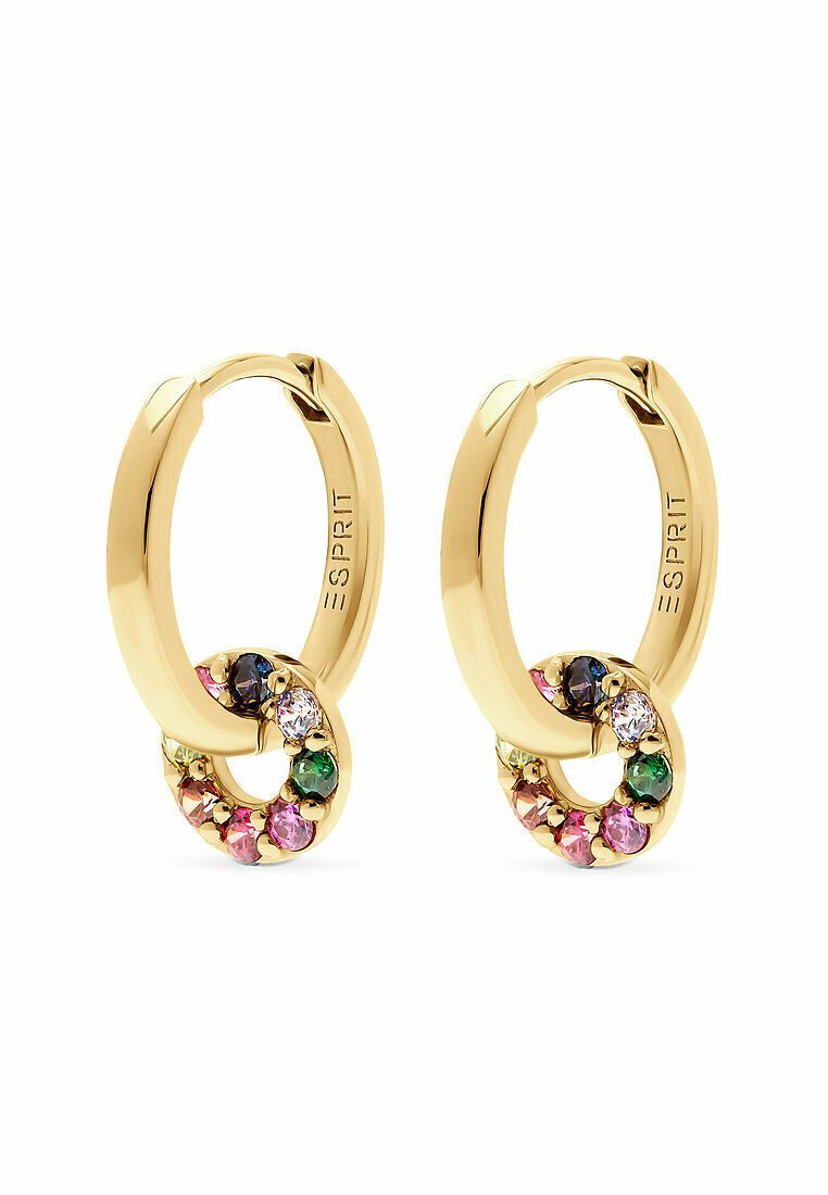 Orecchini a cerchio in oro con un design intrecciato, caratterizzati da un gruppo circolare di gemme multicolori—rosa, verde, blu e trasparenti—attorno alla base.