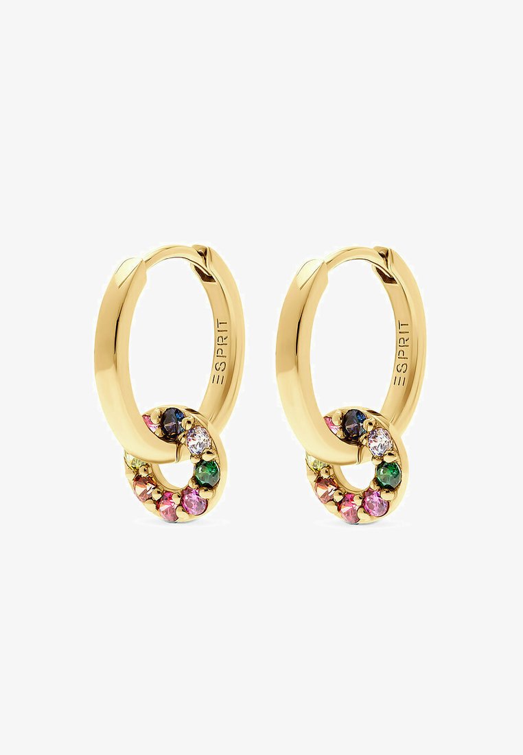 Orecchini a cerchio in oro con un design intrecciato, caratterizzati da un gruppo circolare di gemme multicolori—rosa, verde, blu e trasparenti—attorno alla base.