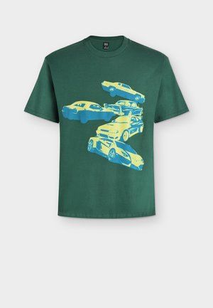 Dark green short-sleeve t-shirt with a graphic of five stylized yellow and blue cars in various angles on the front.