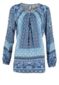 Long-sleeve blouse in blue tones with paisley and geometric patterns, featuring a keyhole neckline and gathered cuffs. Lightweight fabric.
