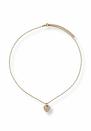 Delicate gold chain necklace with a small heart-shaped pendant adorned with clear crystals, secured by a lobster clasp and adjustable links.