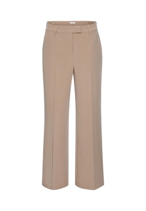 Beige gerade geschnittene Hose mit Gürtelschlaufen, einem verdeckten vorderen Verschluss und einem glatten, ungemusterten Stoff.