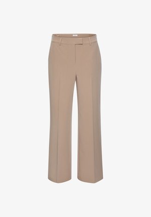 Beežid sirge lõikega püksid koos vööaasade, peidetud esikinnituse ja sileda, mustrivaba kangaga.