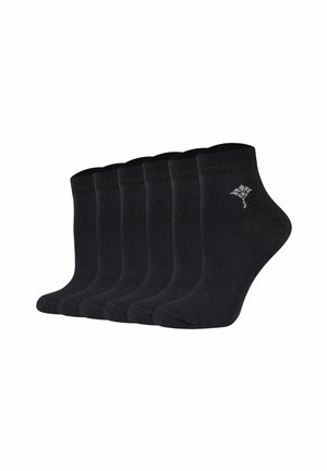 Schwarze Knöchelsocken aus Baumwollmischung, mit gerippten Bündchen und glatter Textur, präsentiert in einem Set von sechs. Dezentes Logo nahe dem Knöchel.