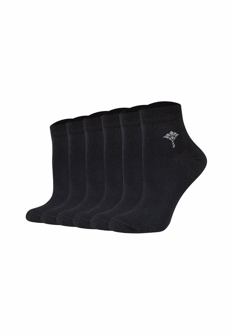 Calze alla caviglia nere, in misto cotone, con polsini a coste e tessuto liscio, presentate in un set di sei. Logo sottile vicino alla caviglia.