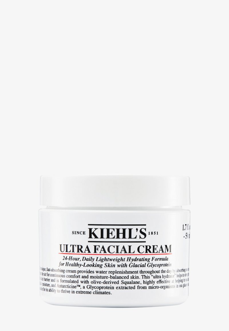 Pot blanc au fini lisse et mate. Dispose d'un couvercle à vis et d'une étiquette en texte noir. Contient 50 ml de Crème Ultra Facial de Kiehl's.