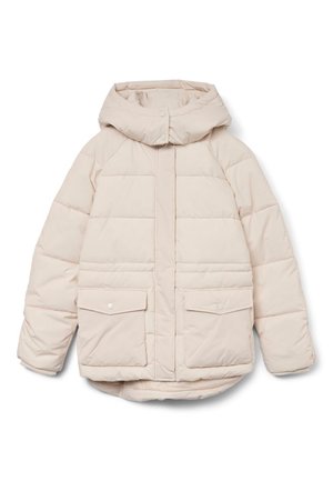 Hellbeige gesteppte Jacke mit Kapuze, zwei Fronttaschen, Druckknöpfen und gesteppte Abschnitte zur Isolierung. Glatte, weiche Textur.