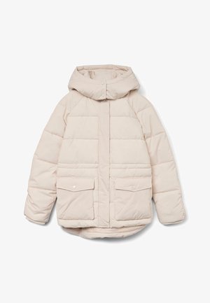 Hellbeige gesteppte Jacke mit Kapuze, zwei Fronttaschen, Druckknöpfen und gesteppte Abschnitte zur Isolierung. Glatte, weiche Textur.