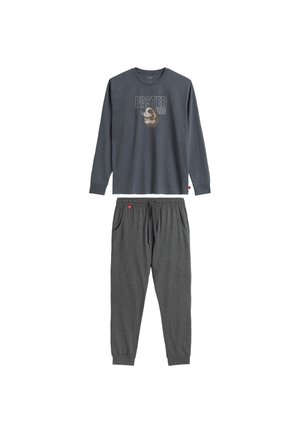 Szary długi rękaw T-shirt z napisem "FASTER" i grafiką zwierzęcia; zestawiony z szarymi spodniami dresowymi na sznurek z elastycznymi mankietami i kieszeniami.