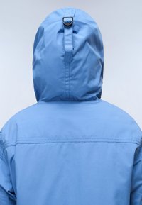 Blue hooded jacket with a smooth texture, featuring a toggle at the back of the hood and contrasting stitching along the seams.