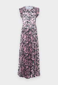 Maksimekko kukkakuviolla, jossa on röyhelöholkkiset hihat, musta tausta, vaaleanpunaisia ja vihreitä kukkia, pleated-kangas ja napit yksityiskohtana kaula-aukossa.