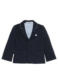 Granatowa marynarka z klapą wyciętą w szpic, dwoma przednimi kieszeniami i zapięciem na guziki; posiada wzorzystą, jasno-niebieską podszewkę oraz niebieskie akcenty.