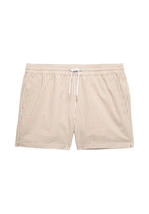 Beige og hvide badeshorts med lodrette striber, elastisk taljebånd og hvid snøre, fladt lagt på hvid baggrund.